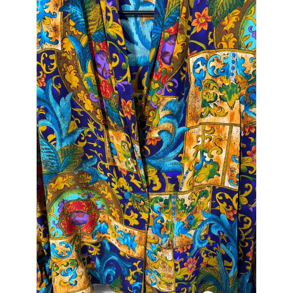 Vintage Bob Mackie Silk‎ Blouse Womens 6 Blue Baroque Floral Shawl Collar Top - Picture 2 of 11
